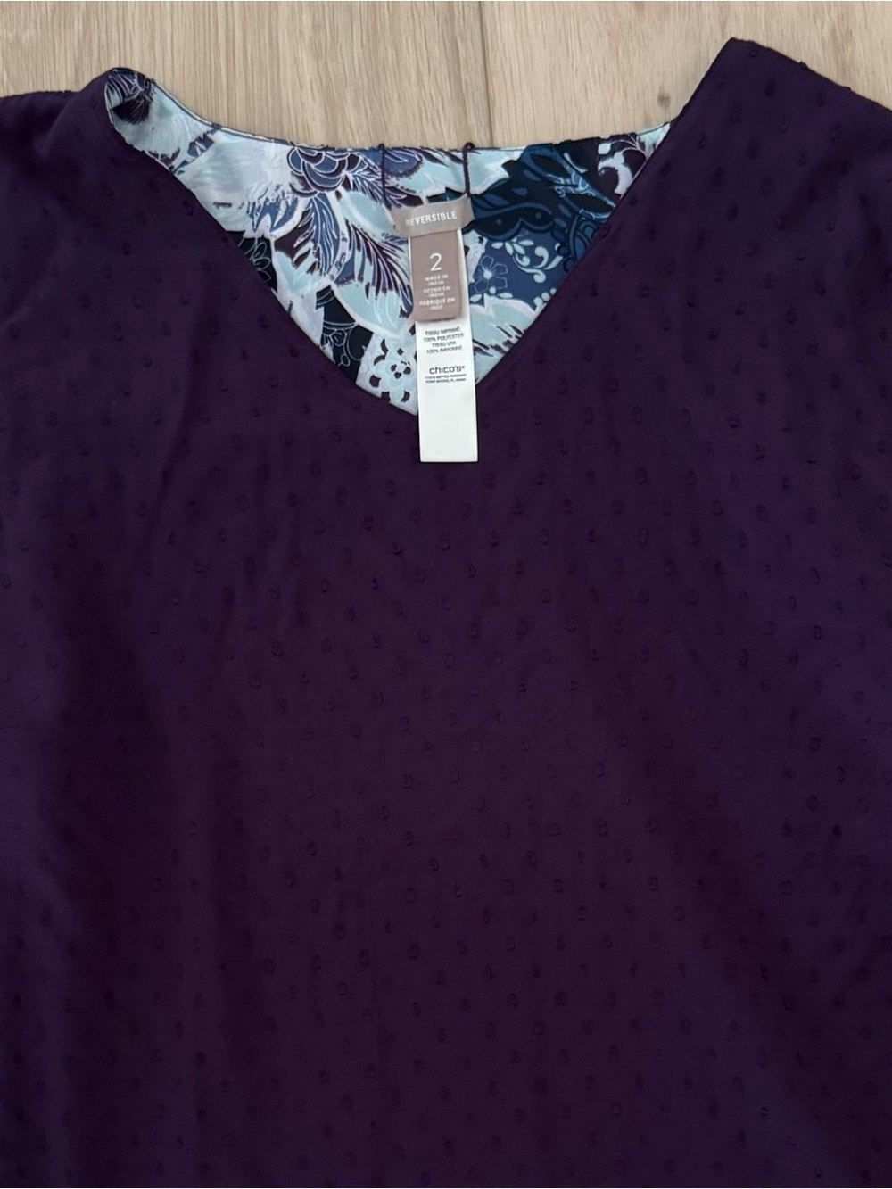 Chico’s size 2 / US 12 Large women’s purple reversible floral tunic top blouse
